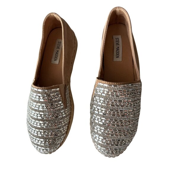 Steve Madden Rhinestone Suede Platform Espadrilles Proud Beige Silver Size 8 - Picture 2 of 9